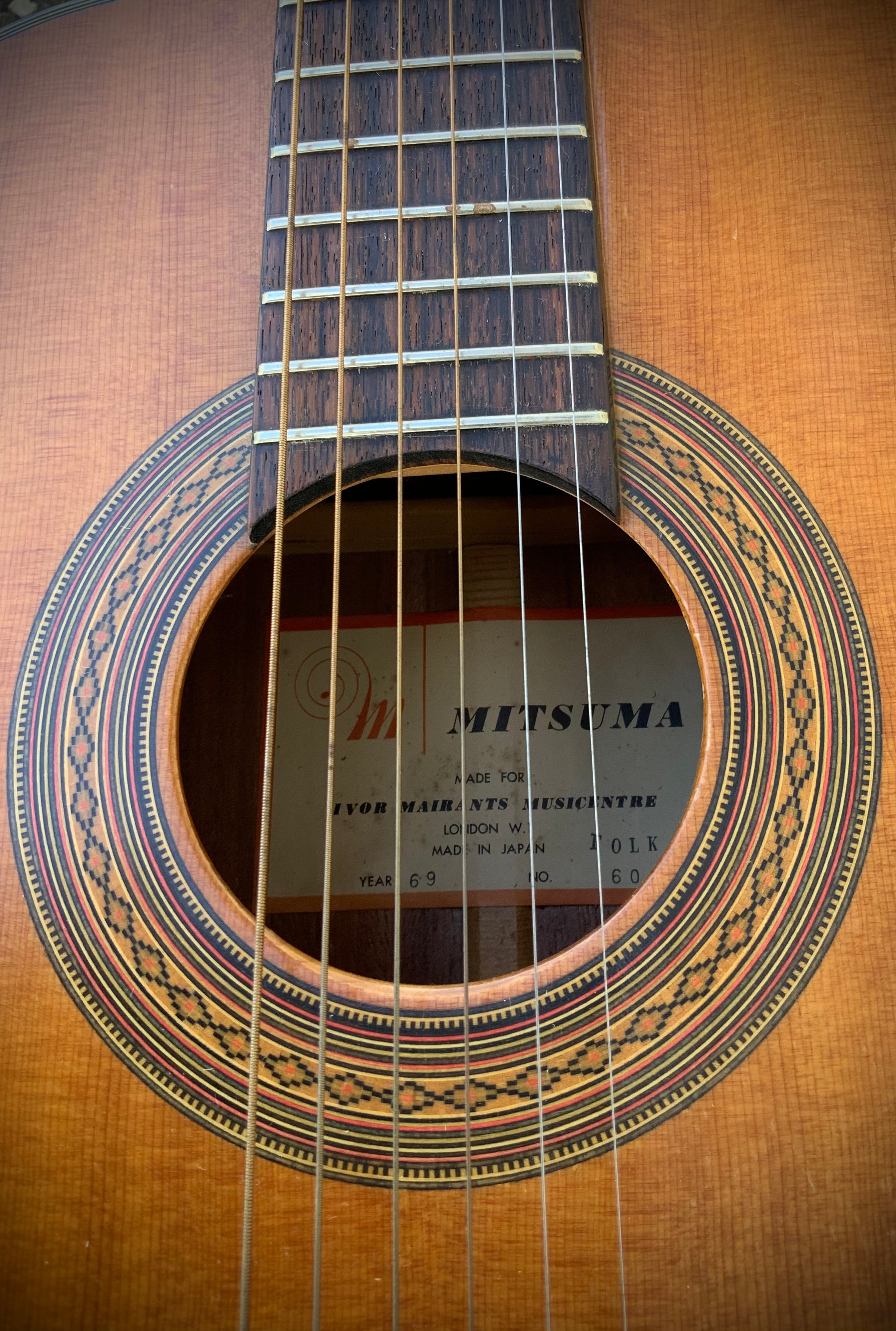 1969 Mitsuma folk guitar for Ivor Mairants London W.1