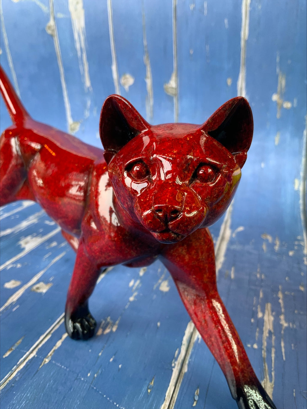 Contemporary Ox-Blood Flambé Glazed Prowling Panther Sculpture - Exceptional Quality, 33cm