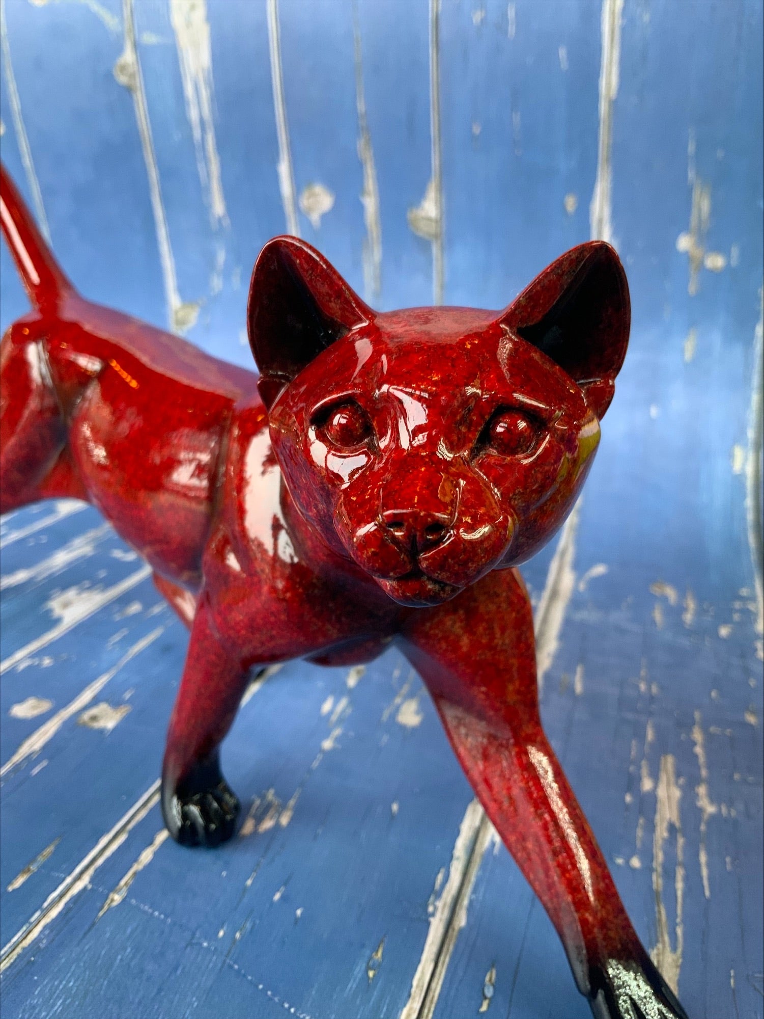 Contemporary Ox-Blood Flambé Glazed Prowling Panther Sculpture - Exceptional Quality, 33cm