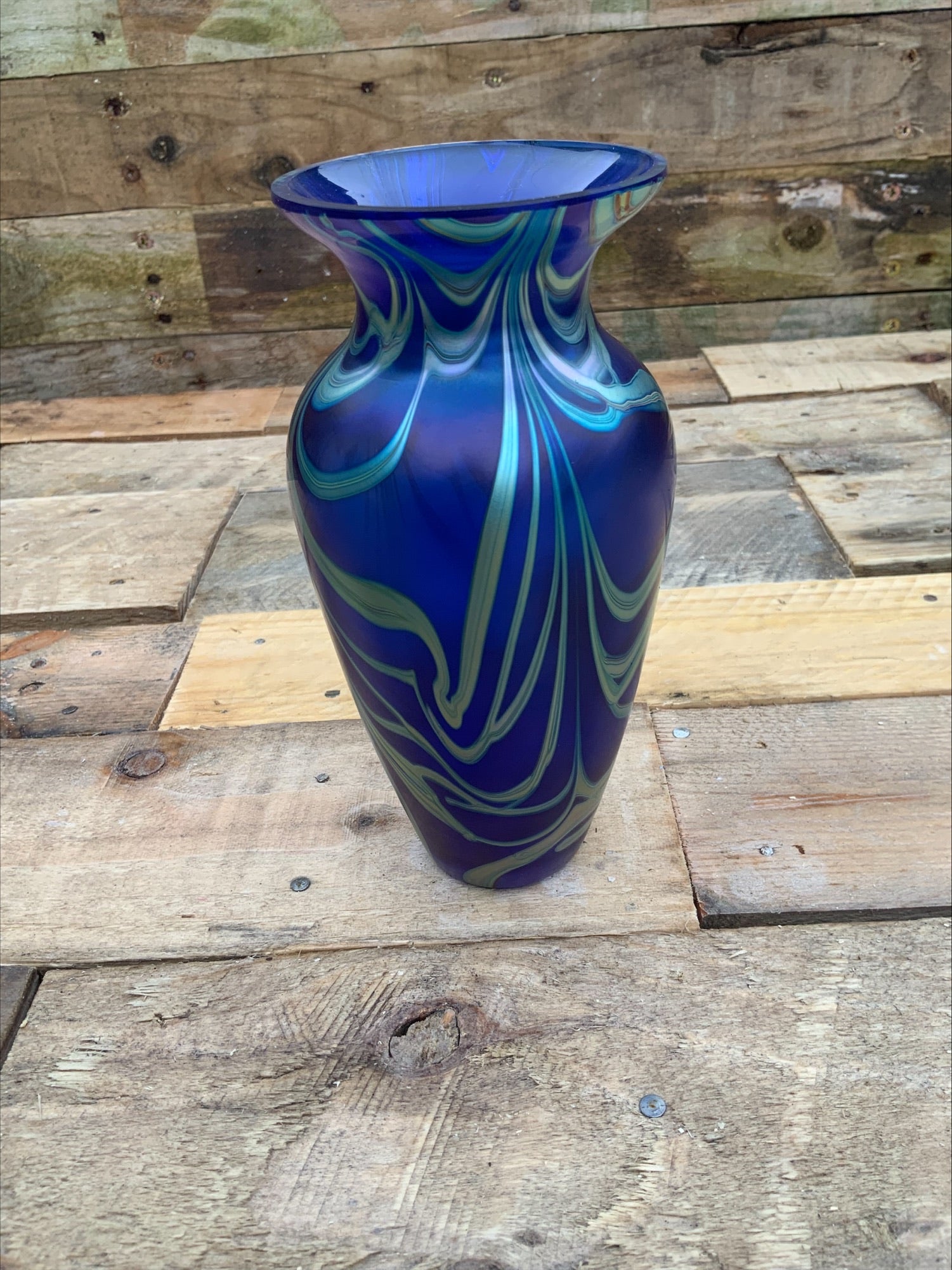 Okra Iridescent Blue Art Glass Vase – England, c.1980–90s