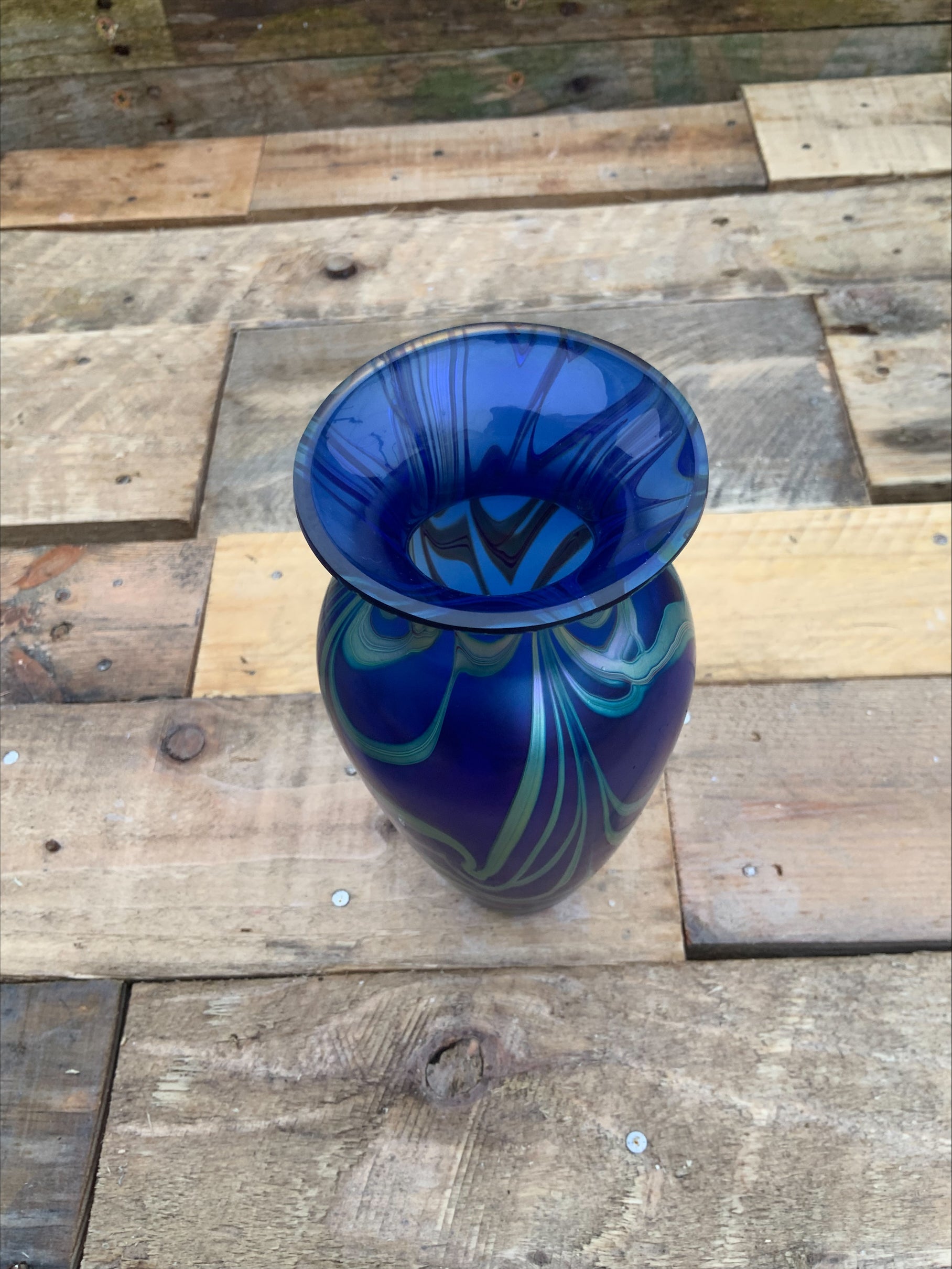 Okra Iridescent Blue Art Glass Vase – England, c.1980–90s