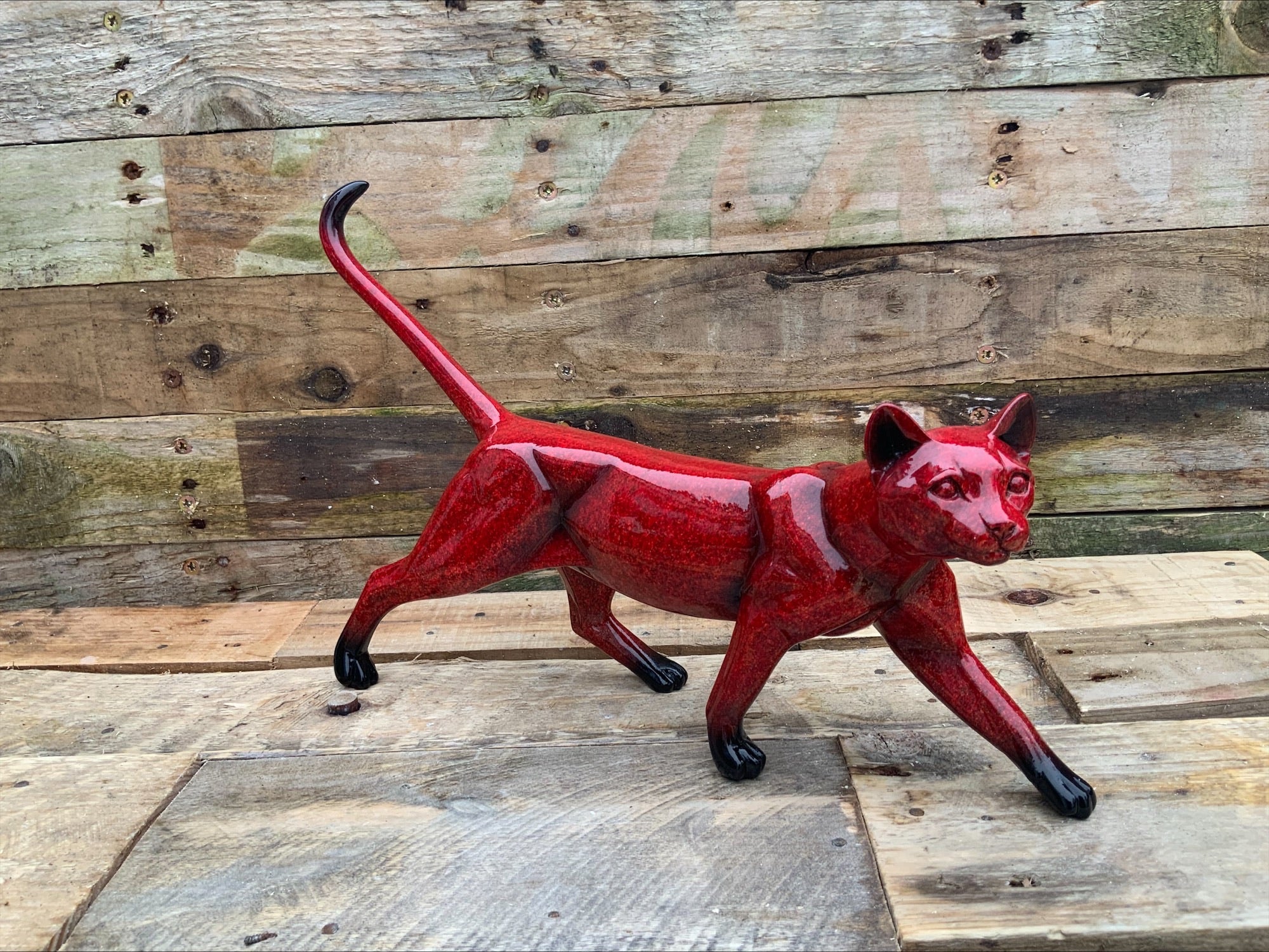 Contemporary Ox-Blood Flambé Glazed Prowling Panther Sculpture - Exceptional Quality, 33cm