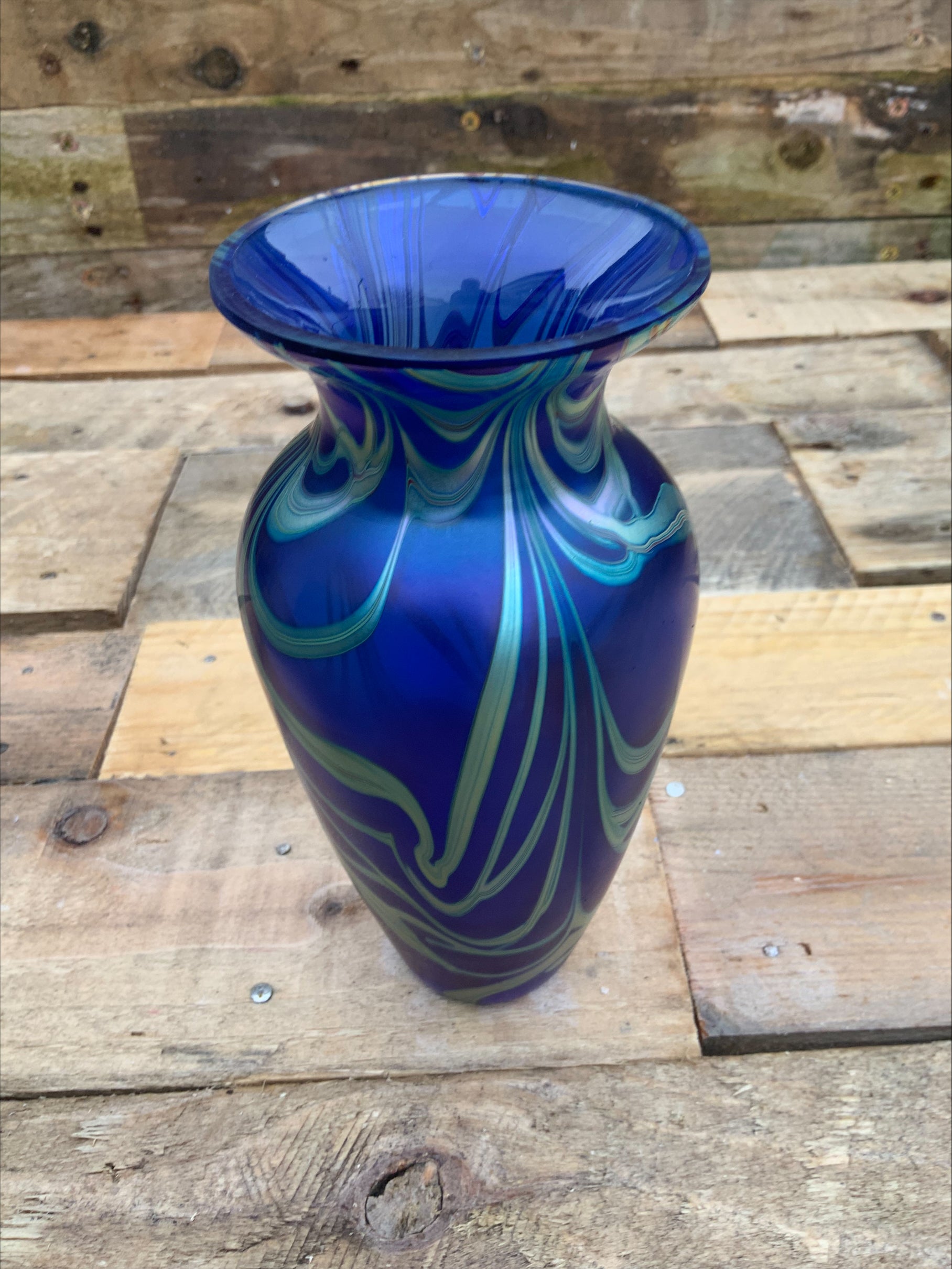 Okra Iridescent Blue Art Glass Vase – England, c.1980–90s