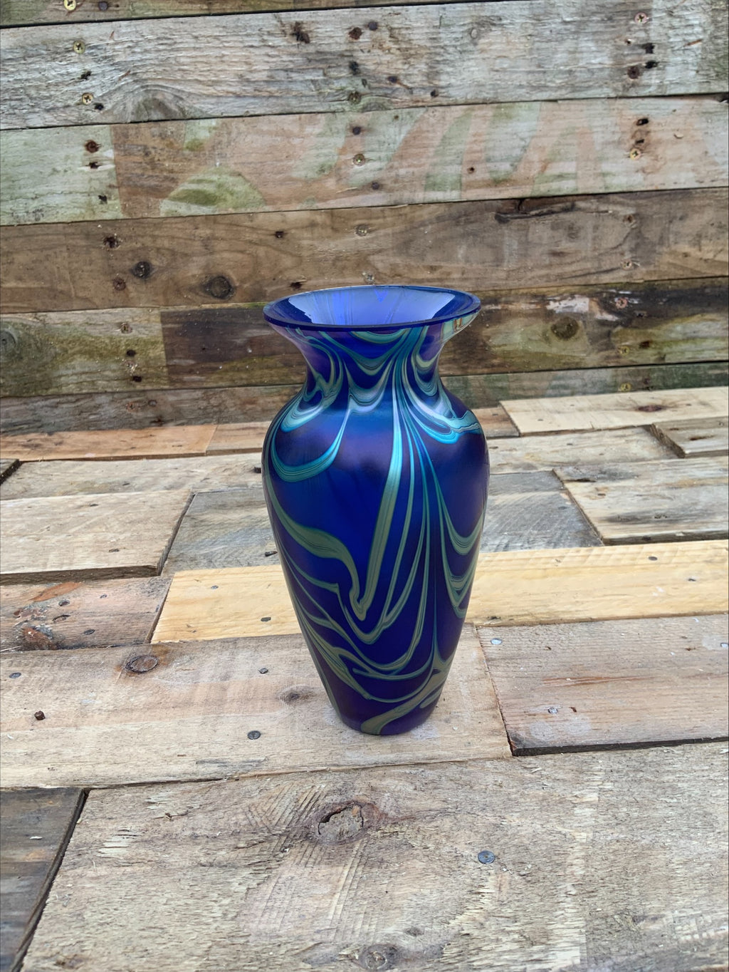 Okra Iridescent Blue Art Glass Vase – England, c.1980–90s