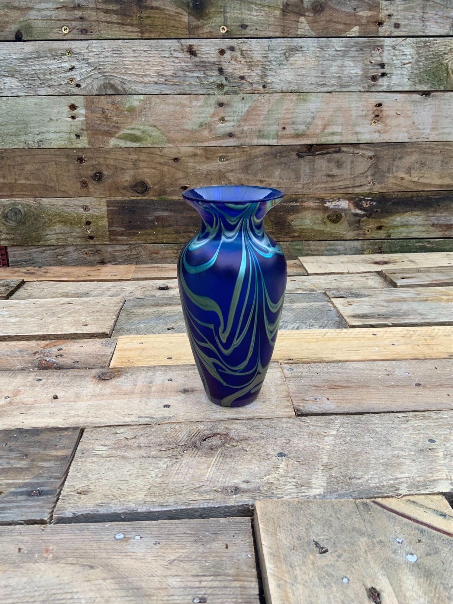 Okra Iridescent Blue Art Glass Vase – England, c.1980–90s