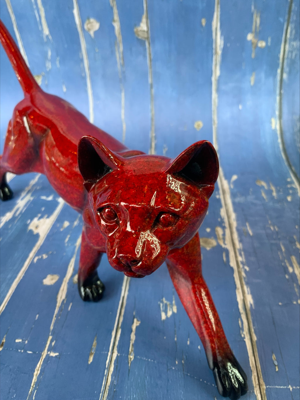 Contemporary Ox-Blood Flambé Glazed Prowling Panther Sculpture - Exceptional Quality, 33cm